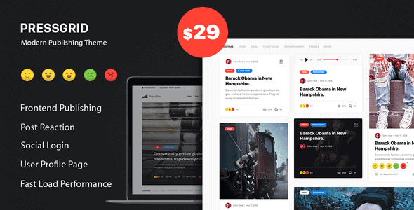 Pressgrid – Frontend Publish Reaction & Multimedia Theme